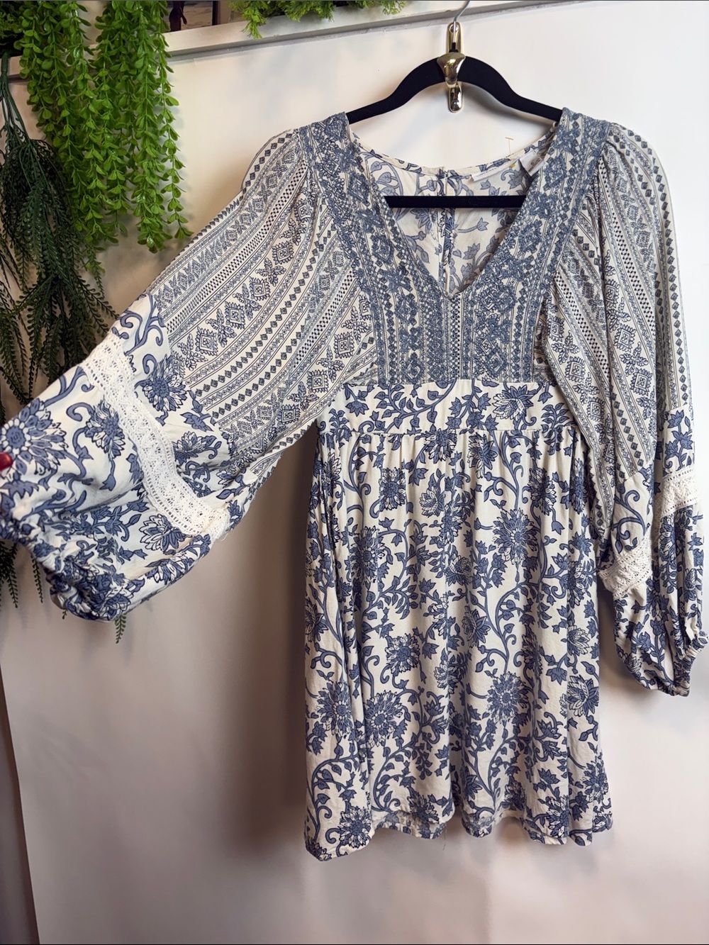 Sincerely Jules Blue and Cream Boho Embroidered V-Neck Tunic Dress